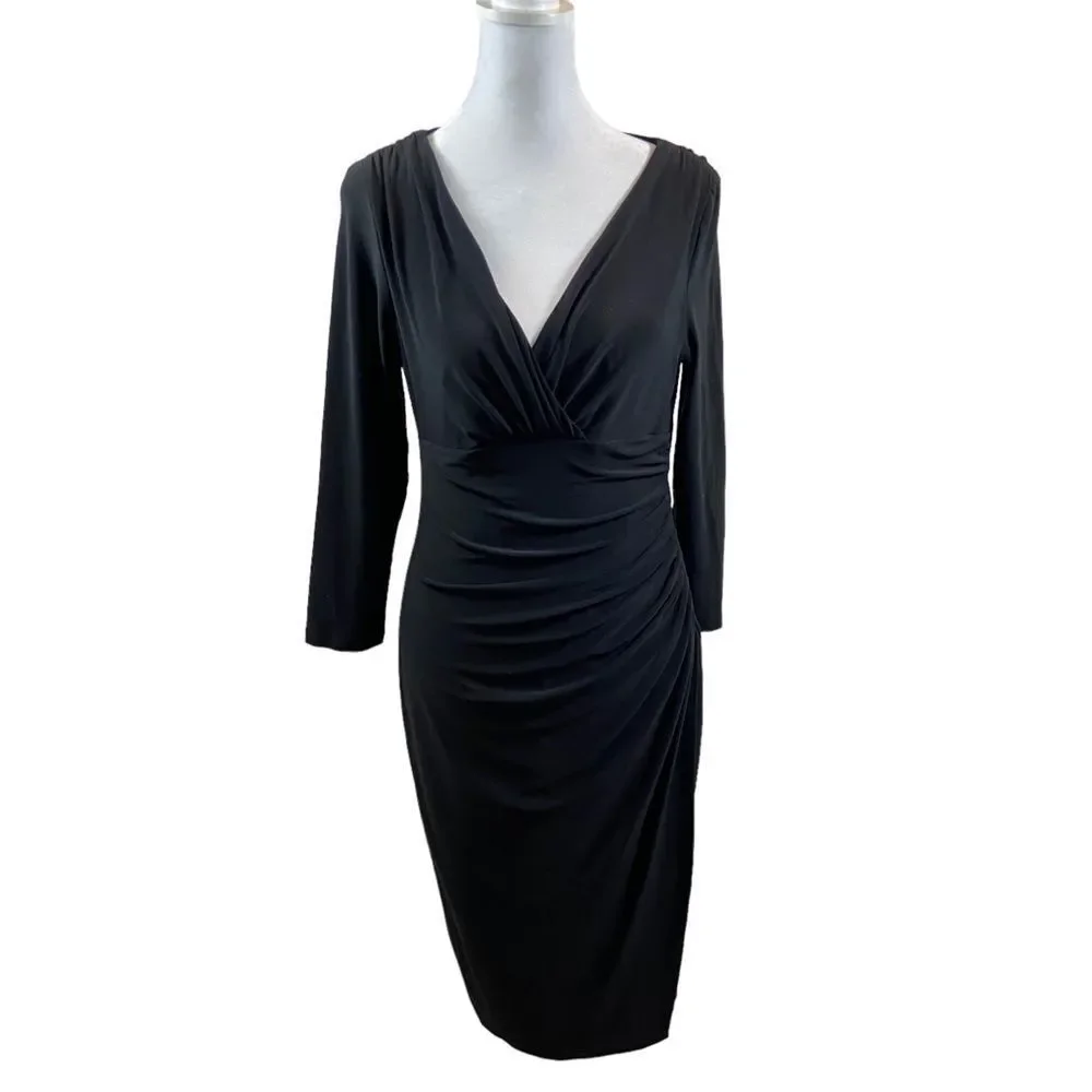 Lauren Ralph Lauren Dress Black Faux Wrap Dress V neck Size 6